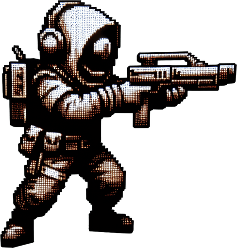 character with vaccum gun aiming front
  In-Game asset..
Single Game Texture.  In-Game asset.  2d.  Blank background.  High contrast.  No shadows