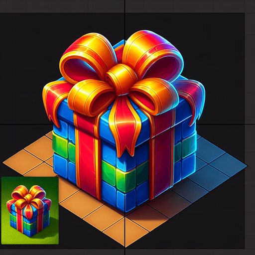 gift wrapped box, bright light colours. with bow on top Single Game Texture. In-Game asset. 2d. Blank background. High contrast. No shadows. Single Game Texture.