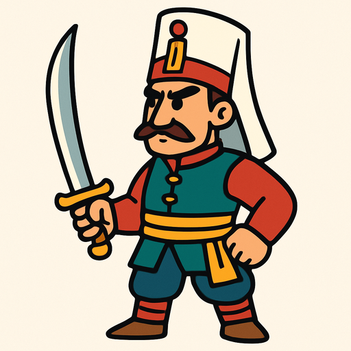 Animasyon çizgi dizi tarzında elinde kılıç olan bir osmanlı yeniçerisi.
In-Game asset.  2d.  High contrast.  No shadows