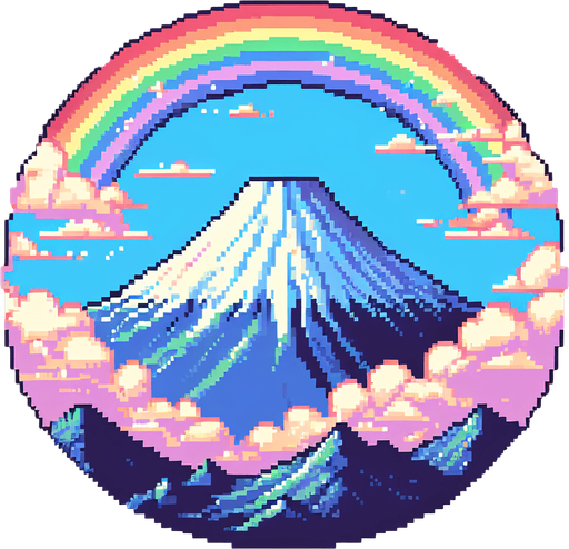A Mount fuji background with a big rainbow crossing from side to side in the sky, pixel style, colourful.
Single Game Texture.  In-Game asset.  2d.  Blank background.  High contrast.  No shadows