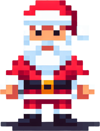 Pixelated Santa Single Game Texture. In-Game asset. 2d. Blank background. High contrast. No shadows.