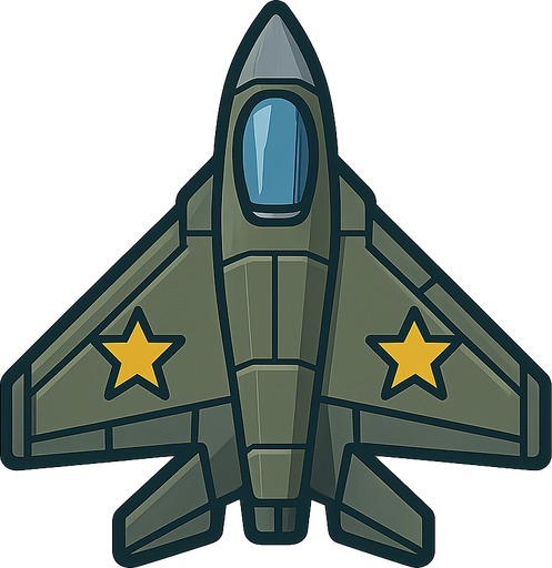 Arcade style militry jet. No background. Transparent background. Blank background. No shadows. 2d. In-Game asset. flat