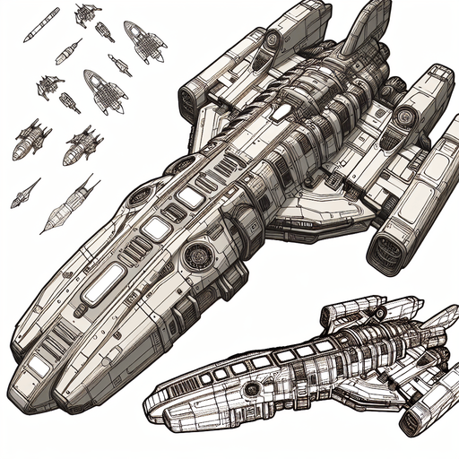 Spaceship.
Single Game Texture.  In-Game asset.  2d.  Blank background.  High contrast.  No shadows