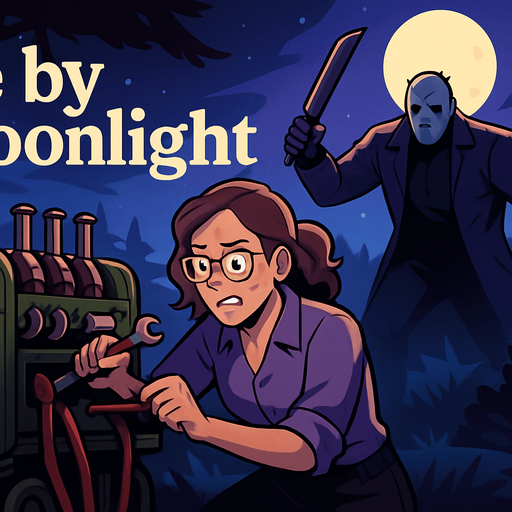 Fullscreen modern App Store landscape banner, 16:9, high definition, for a game titled "die by moonlight" and with the description "A game where player fix generators and tries to escape killer.". No text on banner,put the name on the up-left corner