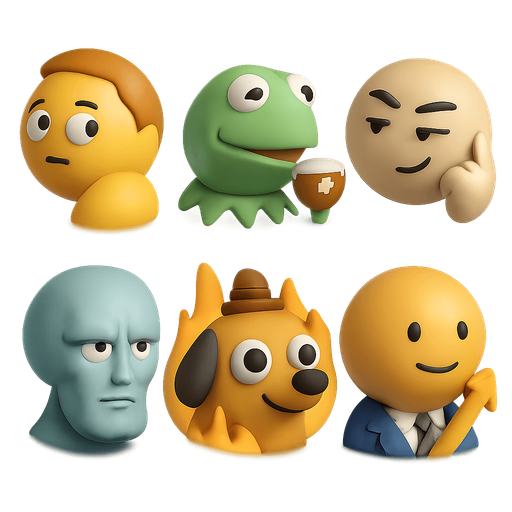 sprite sheet of famous modern meme faces of Looking over shoulders,
Kermit sips tea,
Smart Guy,
Chad Squidword,
Dog on Fire everything is fine,
Stonks. each face shaped as a round marble shaped face made in blender 3D