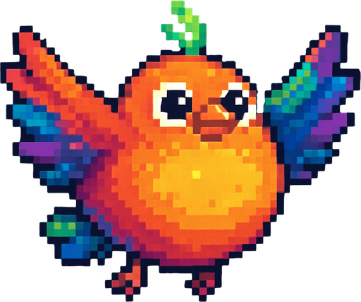 Big fat flaying bird ( Piksel art). Colorful. Cute. 
In-Game asset.  2d.  High contrast.