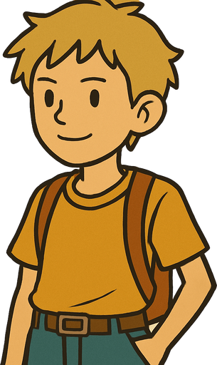 15 yo boy with short scruffy blonde hair professor Layton game style.
In-Game asset.  2d.  High contrast.  No shadows