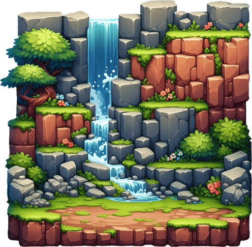 bg of rocks waterfall.
Single Game Texture.  In-Game asset.  2d.  Blank background.  High contrast.  No shadows