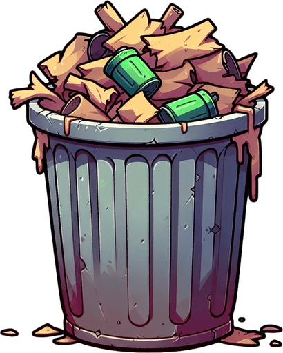 Cartoon overflowing trash can, game asset, floating
Single Game Texture. In-Game asset. 2d. Blank background. High contrast. No shadows.