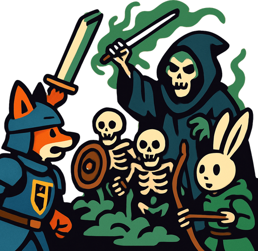 esqueletos guerreros que salen de la tierra por un brujo, miesntras un ballero zorro y un conejo arquero miran asombrado.
In-Game asset.  2d.  High contrast.  No shadows