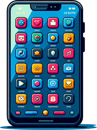 Телефон с приложениями.
Single Game Texture. In-Game asset. 2d. Blank background. High contrast. No shadows.