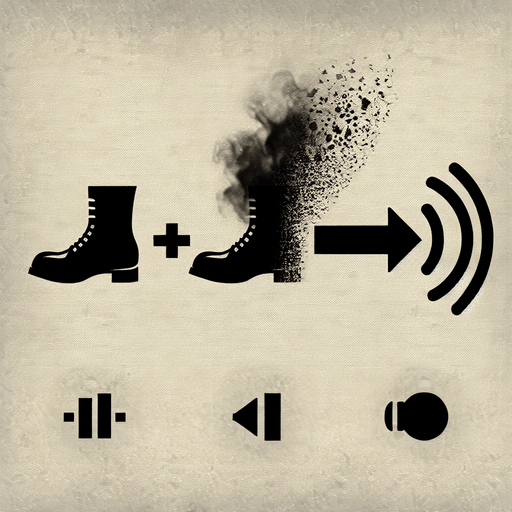 A boot icon dissolving into smoke or shadow at the heel. Sound wave symbol with a line striking through it, indicating silence..
Single Game Texture.  In-Game asset.  2d.  Blank background.  High contrast.  No shadows