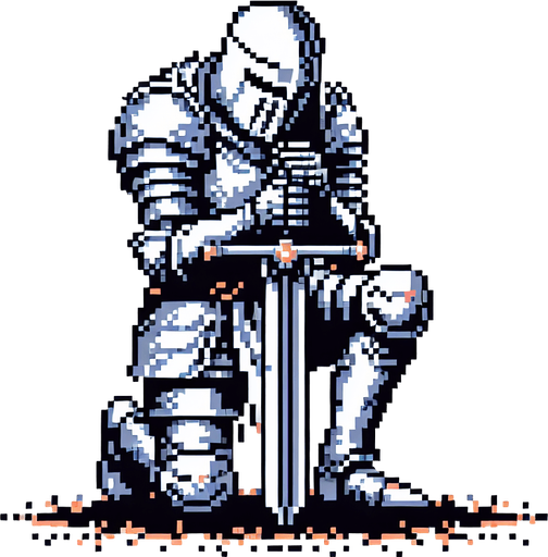 Create an 8-bit pixelated image of a defeated Knight Hero, kneeling with his head down in sorrow. He grips his sword with both hands, its tip resting in the ground. this represents the game over image for a retro video game.
Single Game Texture. In-Game asset. 2d. Blank background. High contrast. No shadows.