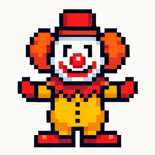 Create pixel art clown with no background.
In-Game asset.  2d.  High contrast.  No shadows