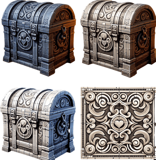 A chest for 2d game.
Single Game Texture. In-Game asset. 2d. Blank background. High contrast. No shadows.