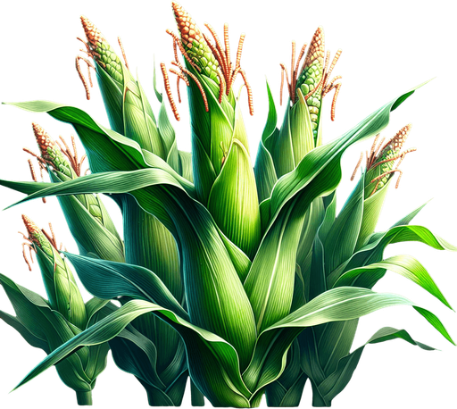 A young, unripe corn plant..
Single Game Texture. In-Game asset. 2d. Blank background. High contrast. No shadows.