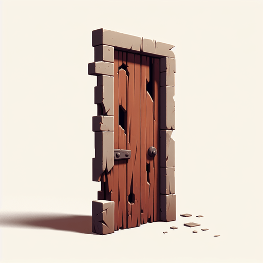 a crooked door with holes in it.
Single Game Texture. In-Game asset. 2d. Blank background. High contrast. No shadows.