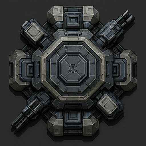 Namlusu olmayan, Teknolojik askeri kule, üstten görünüm, gerçekçi, yazısız.
In-Game asset.  High contrast.  No shadows