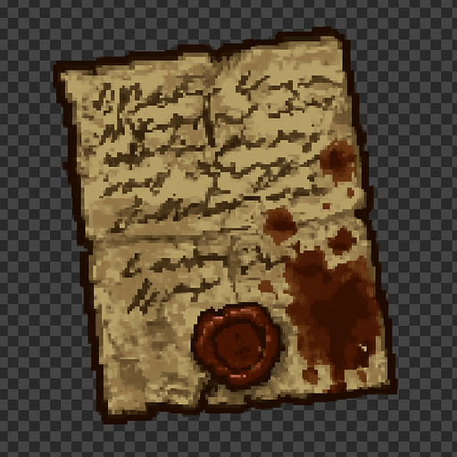Create a pixel-art item of an old, mysterious letter for a horror-themed 2D game. The letter should be a yellowed, slightly torn piece of parchment with faded ink handwriting on it. Include smudges, old blood stains, or water damage for a haunting effect. The handwriting should look rushed or distressed. Fold marks or a wax seal (partially broken) can be added as details. It should look like something found in an abandoned house or crypt. PNG format with transparent background, suitable for inventory or collectible items..
In-Game asset.  2d.  High contrast.  No shadows