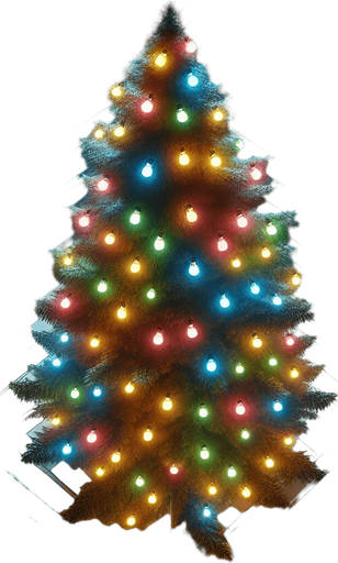 Photorealistic pine tree in night light with color lightbulbs, top view
