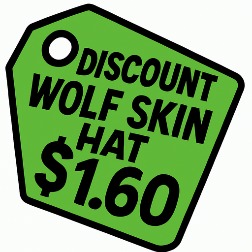 green price tag that says discount wolf skin hat $1.60.
In-Game asset.  2d.  High contrast.  No shadows
