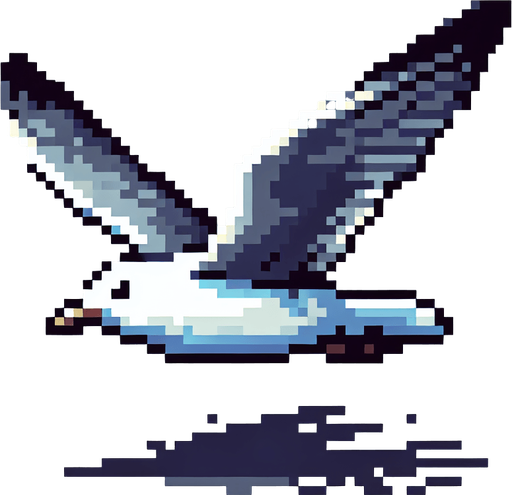 Flying seagull, 2d, pixel art.
Single Game Texture. In-Game asset. 2d. Blank background. High contrast. No shadows.