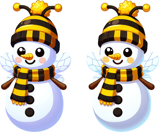 Bee themed snowman. Cartoon..
Single Game Texture. In-Game asset. 2d. Blank background. High contrast. No shadows.