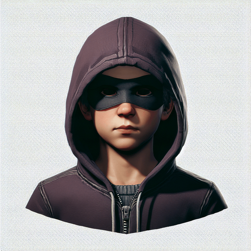 A ninja kid thief, full body, with a dark purple hoodie.
Single Game Texture. In-Game asset. 2d. Blank background. High contrast. No shadows.
