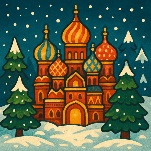 A snowy cartoon scene with colorful onion domes (like Saint Basil’s Cathedral), pine trees, and a festive winter vibe. Use a folk style with warm lighting. Perfect for a balalaika music level..
In-Game asset.  2d.  High contrast.  No shadows