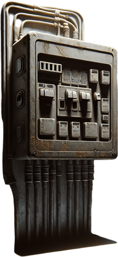 an eerie wall fusebox
Single Game Texture. In-Game asset. 2d. Blank background. High contrast. No shadows.