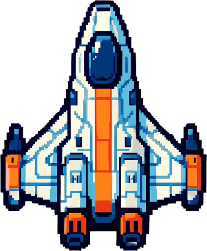 Una nave espacial futurista mirada desde arriba en pixel art.
In-Game asset.  2d.  High contrast.  No shadows