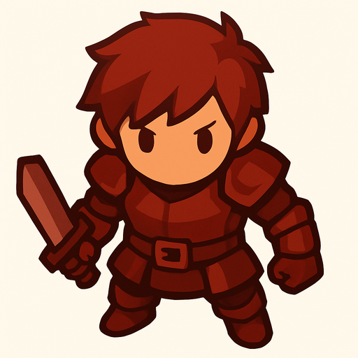 Guerrero vestido de cuero color rojo.
In-Game asset.  2d.  High contrast.  No shadows. Vista superior. Lineless. Chibi