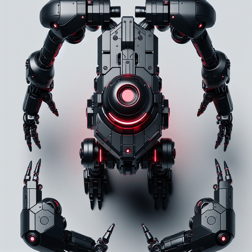 Overhead view. A hovering robot with a tapered midsection with two bulky arms with claw like hands and a giant red “eye” on top of its body. Looking straight down. Cyberpunk, black with red glowing highlights..
Single Game Texture. In-Game asset. 2d. Blank background. High contrast. No shadows.