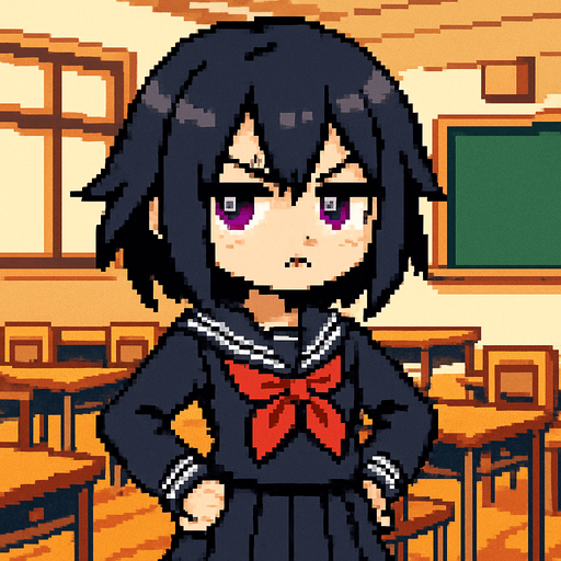 A cute anime-style girl in pixel art, with an emo aesthetic and striking purple eyes. She wears a classic Japanese school uniform (sailor fuku) and is often shown with a slightly grumpy expression, reflecting a bit of a tsundere personality. She stands confidently with her hands on her hips and a slight tilt to her posture. Behind her is a typical Japanese classroom, enhancing the school-themed atmosphere..
In-Game asset.  2d.  High contrast.  No shadows