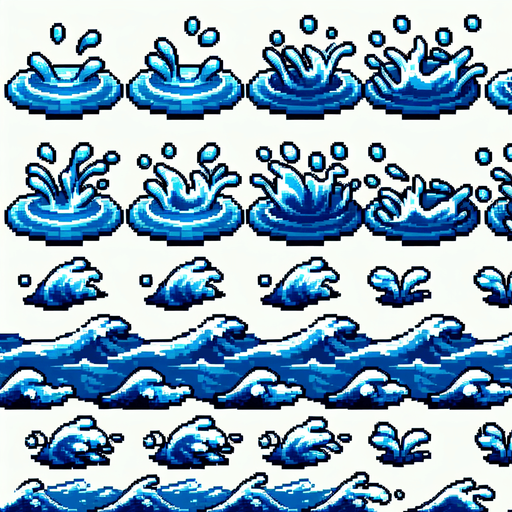 A sprite sheet of different water ripples.
Single Game Texture. In-Game asset. 2d. Blank background. High contrast. No shadows.