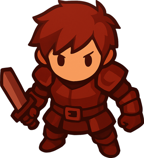 Guerrero vestido de cuero color rojo.
In-Game asset.  2d.  High contrast.  No shadows. Vista superior. Lineless. Chibi
