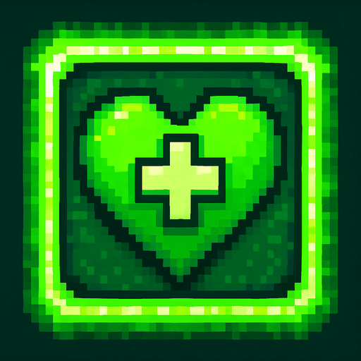 Pixel art of a green power-up icon with a heart or medical cross symbol inside. Represents healing in a 2D pixel arcade game. Glowing green, square icon.
In-Game asset.  2d.  High contrast.  No shadows