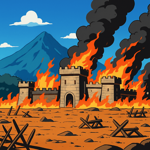 plain battlefield of defense burning medieval fortres at bottom anime image style. blue sky at upper. far distance a mountain
In-Game asset.  2d.  High contrast.  No shadows
