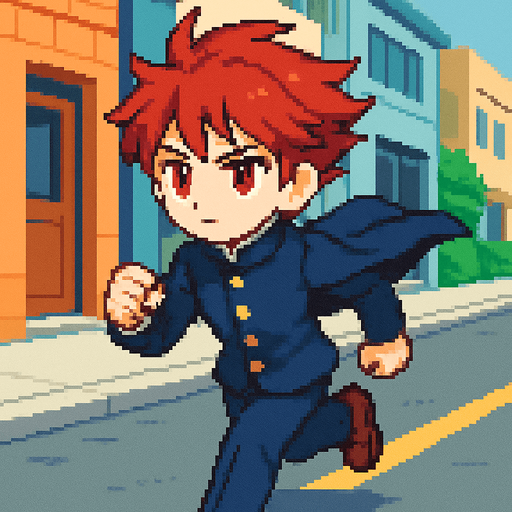 A cute 15-year-old red-haired boy with intense red eyes, wearing a traditional Japanese school uniform (gakuran). He's running down the street with a serious and confident expression. Despite his determined look, his appearance remains sweet and endearing. His gaze is focused straight ahead, with the wind gently lifting his hair and school jacket. The scene is illustrated in Pixel Art style..
In-Game asset.  2d.  High contrast.  No shadows