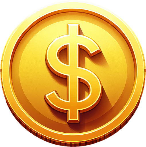 Gold coin with dollar sign.
Single Game Texture.  In-Game asset.  2d.  Blank background.  High contrast.  No shadows