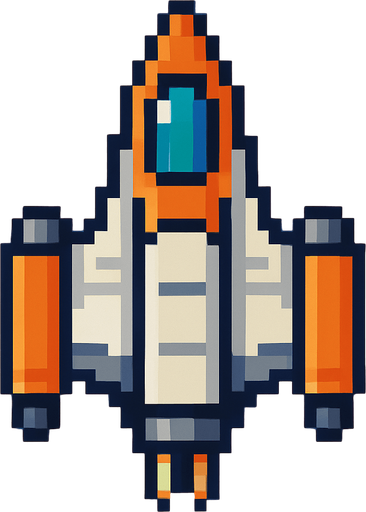 aşağı doğru bakan pixel art bir uzay gemisi.
In-Game asset.  2d.  High contrast.  No shadows