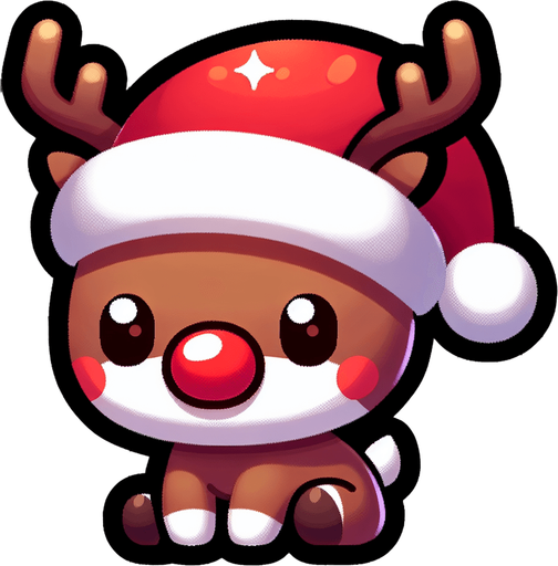 a cute little santa's reindeer with a red nose sitting Single Game Texture. 2d. Transparent background. High contrast. No shadows.