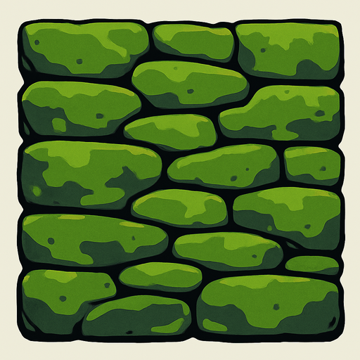 a wall built with flat, mossy stones.
In-Game asset.  2d.  High contrast.  No shadows