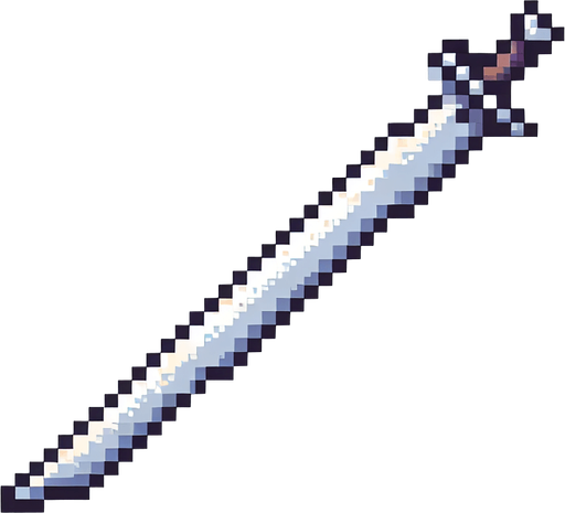 A thin crude sword, no pommel. 8 bit pixel art..
Single Game Texture.  In-Game asset.  2d.  Blank background.  High contrast.  No shadows