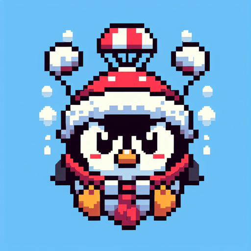 cute chubby angry parachuting penguin wearing a santa hat. pixelated. 8 bit. Single Game Texture. In-Game asset. 2d. Blank background. High contrast. No shadows.