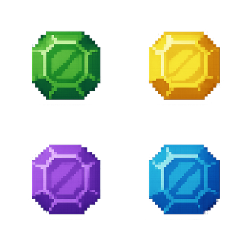 A spritesheet if same art style gems, pixel retro style, but with green, yellow, purple, blue, red colours..
In-Game asset.  2d.  High contrast.  No shadows