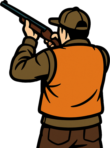 Silahını yukarı doğrultup nişan almış bir ördek avcısının arkadan görünüşünü çiz.
In-Game asset.  2d.  High contrast.  No shadows