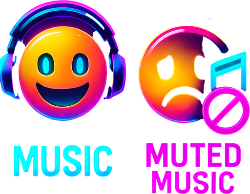 Icons for music & muted music by with emoji have headphone and happy and one doesn't have and sad. HD colors. future. cyberpunk+Abstract.
In-Game asset.  2d.  High contrast.  No shadows