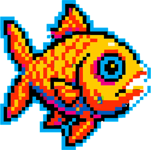 A golden fish. 80s arcade machine graphics..
In-Game asset.  2d.  High contrast.  No shadows