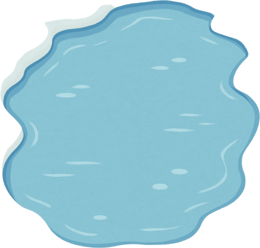 A simple top-down 2D illustration of a calm arctic lake. The scene shows the edge of the water, with a soft, snowy shoreline framing the top and one side of the image. The lake itself is a calm, light blue, with subtle light reflections on the surface to suggest water. The art style is soft and clean, like a children's book illustration..
In-Game asset.  2d.  High contrast.  No shadows